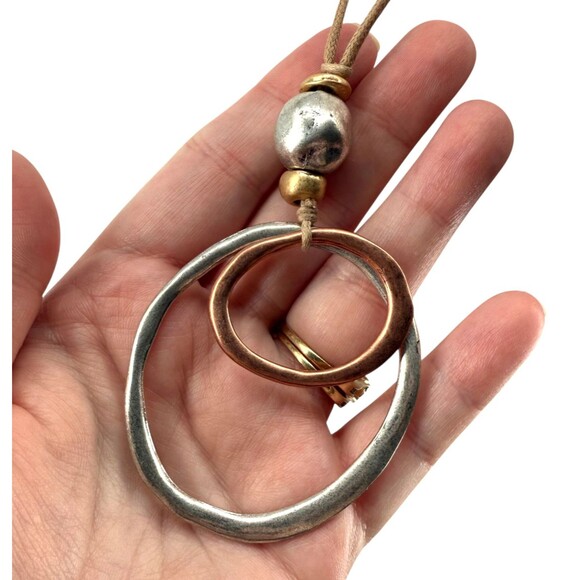 J. Jill Mixed Metal Necklace Double Circle Pendant Cord Adjustable Modern Earthy - Picture 7 of 11